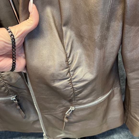 Lafayette 148 New York Leather Jacket Women's Brown Size 12 Zipper Front - Picture 11 of 13